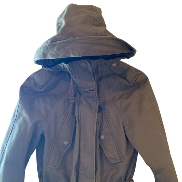 Olive Green Hooded Chore Barn Jacket LG Pockets Snaps 2 Zippers Draw String S-M - Picture 15 of 16